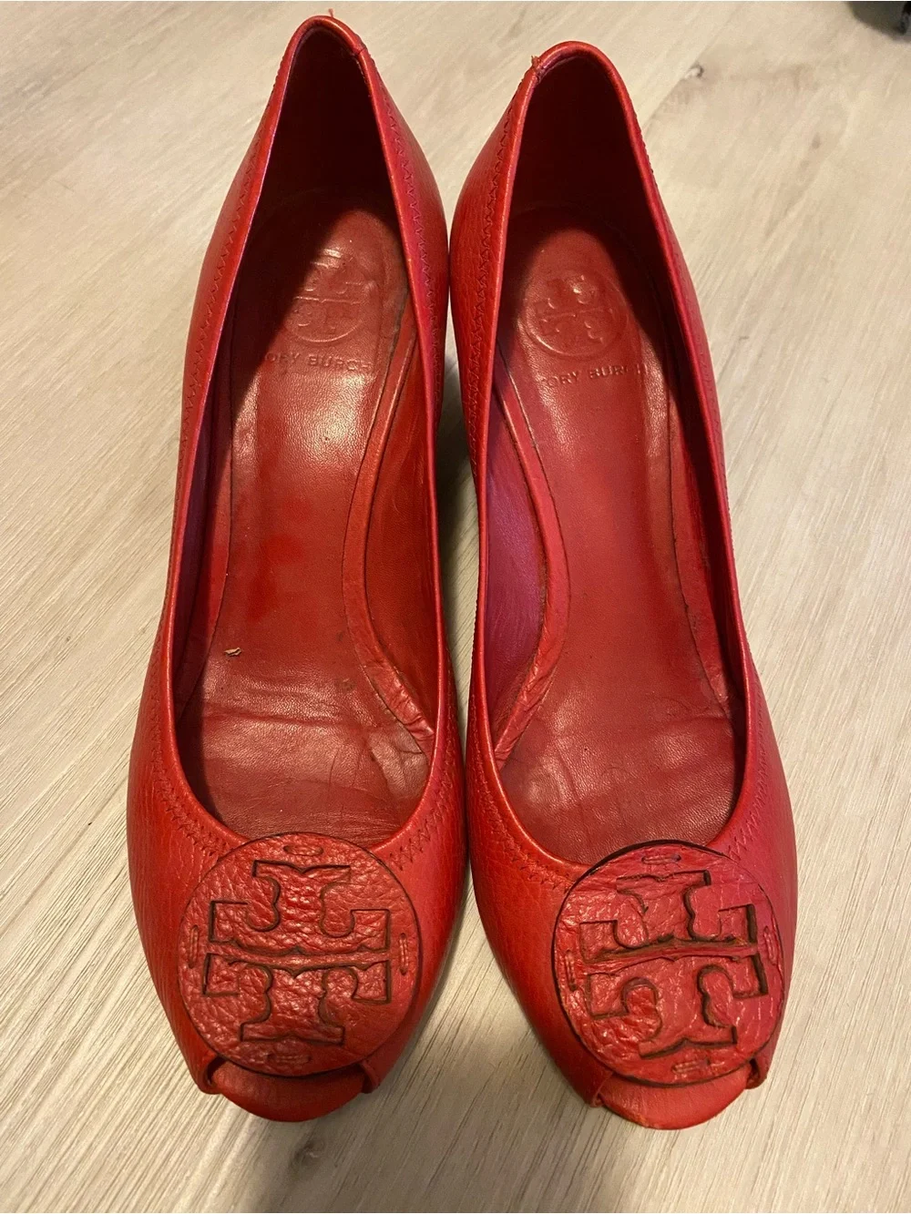 Tory Burch Red Pebbled Leather Sally Peep-Toe Wedge Pumps - Size 9